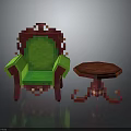 Pixel Art Furniture Set With Green Seat Chair And Red Ornate Round Side Table