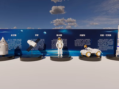 Display Shelves Showcasing Space Capsule Model Satellite Astronaut Figure And Lunar Rover 3d model