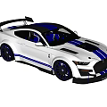 White Sports Car With Blue Stripes Black Roof Rear Spoiler And Black Wheels