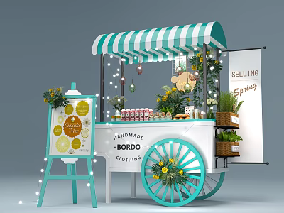 Handmade Glow Bondo Mobile Cart with Green White Striped Awning Easel Flowers and String Lights 3d model