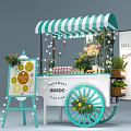 Handmade Glow Bondo Mobile Cart with Green White Striped Awning Easel Flowers and String Lights