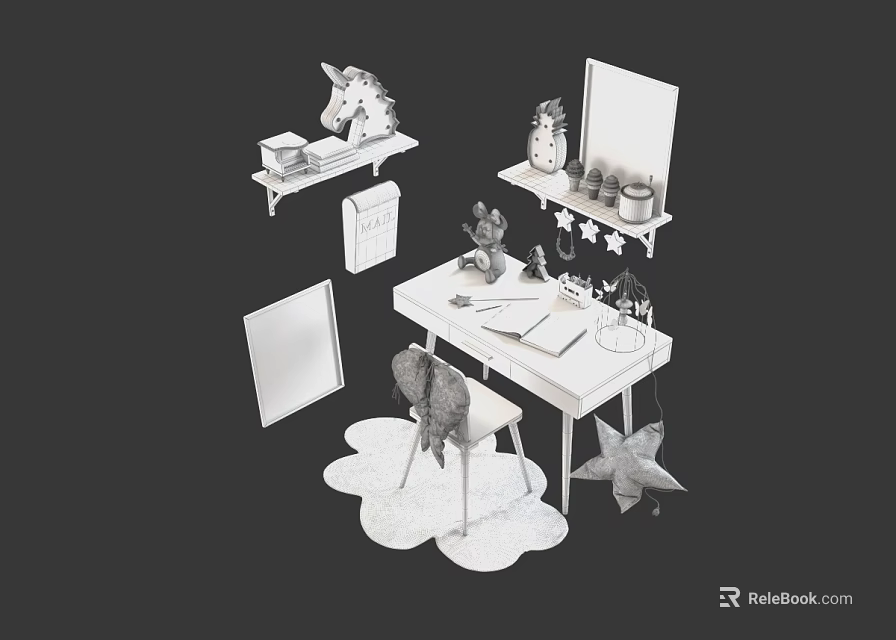 Simple Modern Desk Setup With Chair Wall Shelves Notebook And Decorative Items 3d model 