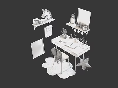 Simple Modern Desk Setup With Chair Wall Shelves Notebook And Decorative Items 3d model