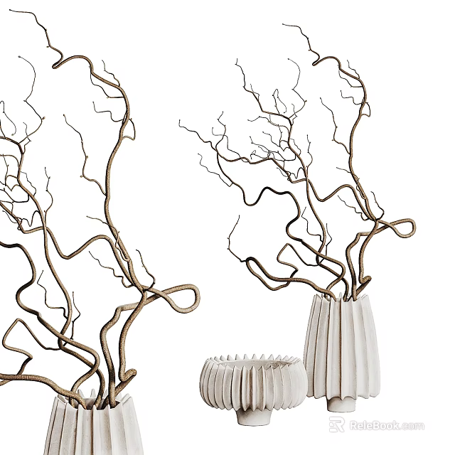 Elegant White Ceramic Vases With Golden Branch Decor For Home Interior Design 3d model 