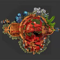 Fairy Tale Mushroom Building with Vibrant Red Roof Small Windows Wooden Door and Decorative Lanterns