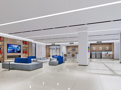 Modern Spacious Service Hall Interior With Blue Gray Sofas TV Screen And Water Dispensers 3d model