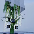 Modern Art Installation With Green Hanging Plants Circular Base And Water Surface