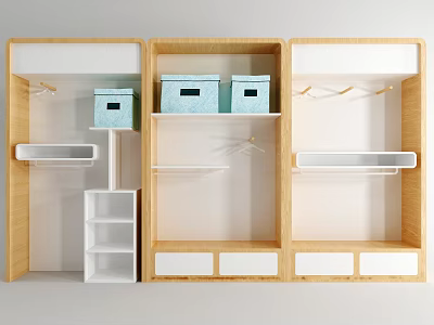 Modern Open Wardrobe Design With Wooden Frame White Shelves Blue Storage Boxes And Hanging Rods 3d model