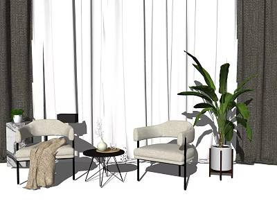 Casual Sofa Set Light Gray Armchairs Black Metal Legs Coffee Table Green Plant White Curtain 3d model