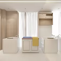 Yue Jiaoniang Reception Counter Area With White Cabinets Curved Column Circular Light And Green Plant