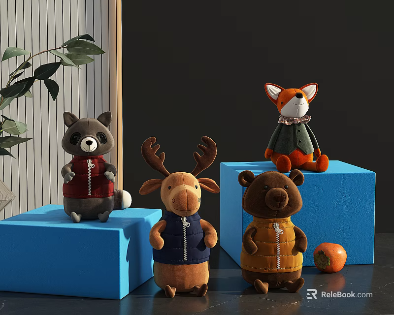 Cute Stuffed Animal Toys Raccoon Moose Bear Fox Wearing Colorful Jackets On Blue Cubes 3d model 