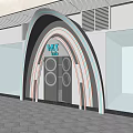 Modern Storefront Arched Design With Neon Lights MT Lab Sign Circular Decorations Blue Orange Lighting