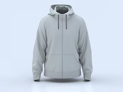 Gray Hooded Zipper Sweatshirt With Front Pockets Long Sleeves Simple Design Casual Comfortable Wear 3d model