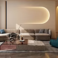 Modern Living Room Interior With Beige Walls Curved Ceiling Lighting Gray Sofa And Blue Chair