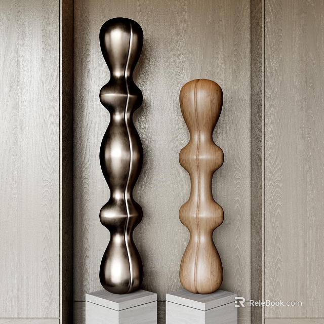 Two Carved Columnar Sculptures With Curved Design In Different Materials Against Light Wood Wall Background 3d model 