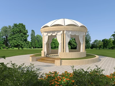 Classic Garden Gazebo With White Canopy Beige Columns Green Lawn And Trees 3d model
