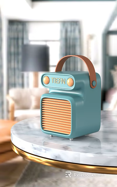 TIEFEN Light Blue Bluetooth Speaker with Leather Handle Round Buttons Grill Panel on Marble Tabletop 3d model 