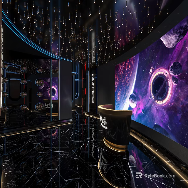 Modern KTV Lounge with Starry Space Theme Large Screen Mirror Decorations and Black Marble Floor 3d model 