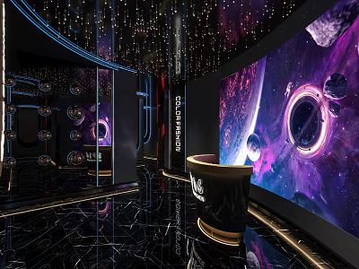 Modern KTV Lounge with Starry Space Theme Large Screen Mirror Decorations and Black Marble Floor 3d model