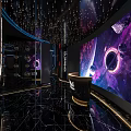 Modern KTV Lounge with Starry Space Theme Large Screen Mirror Decorations and Black Marble Floor