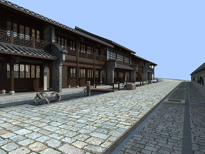 Traditional Chinese Ancient Architecture Street With Stone Paved Road And Wooden Facades 3d model