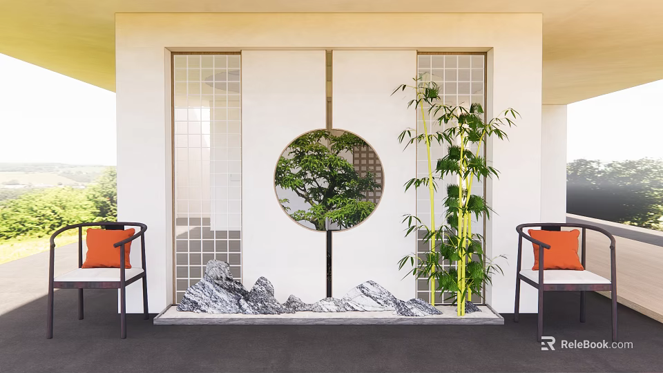 Modern Zen Room Partition With Circular Glass Window Bonsai Tree Bamboo And Rock Decor 3d model 