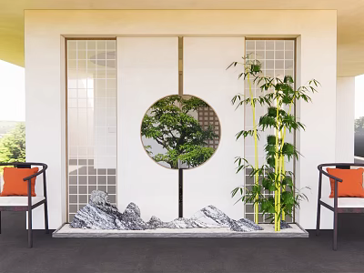 Modern Zen Room Partition With Circular Glass Window Bonsai Tree Bamboo And Rock Decor 3d model