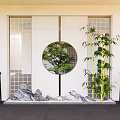 Modern Zen Room Partition With Circular Glass Window Bonsai Tree Bamboo And Rock Decor