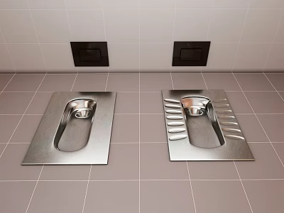 Stainless Steel Squat Toilets on Tiled Bathroom Floor with White Walls 3d model