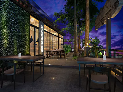 Outdoor Restaurant Night View With Green Plant Wall Wooden Tables And Purple Sky 3d model