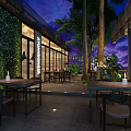 Outdoor Restaurant Night View With Green Plant Wall Wooden Tables And Purple Sky