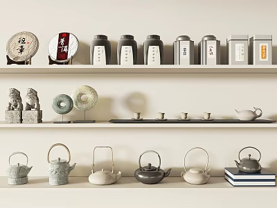 Elegant Tea Sets Display with Teapots Teacups Jars and Tea Cakes on Shelves 3d model