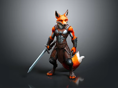 Detailed Fox Warrior 3D Model In Armor Holding Sword Dynamic Pose 3d model