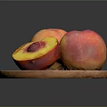 Fresh Peaches on a Wooden Plate One Halved with Juicy Red Flesh and Pit