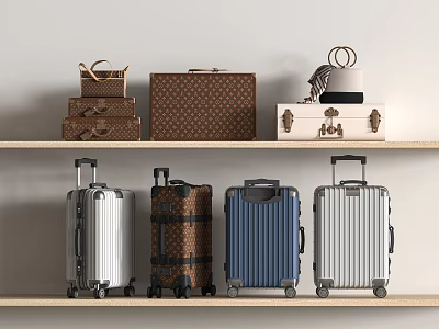 Stylish Handbags And Suitcases On Wooden Shelves With Various Colors And Designs 3d model