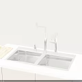 Stainless Steel Double Bowl Kitchen Sink With Modern Faucet And Wooden Cutting Board