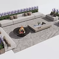 Comfortable Outdoor Sofa Setup With Purple Plants Fire Pit And Coffee Table On Rug 3d model