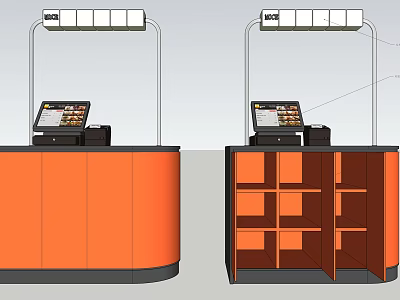Orange Curved Reception Desk With Display Screen Overhead Lights And Open Shelves 3d model