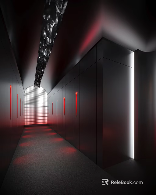 Modern Public Restroom Design With Dark Walls Red Details And Lighting 3d model 