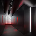 Modern Public Restroom Design With Dark Walls Red Details And Lighting