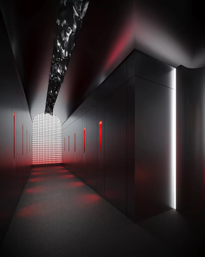 Modern Public Restroom Design With Dark Walls Red Details And Lighting 3d model