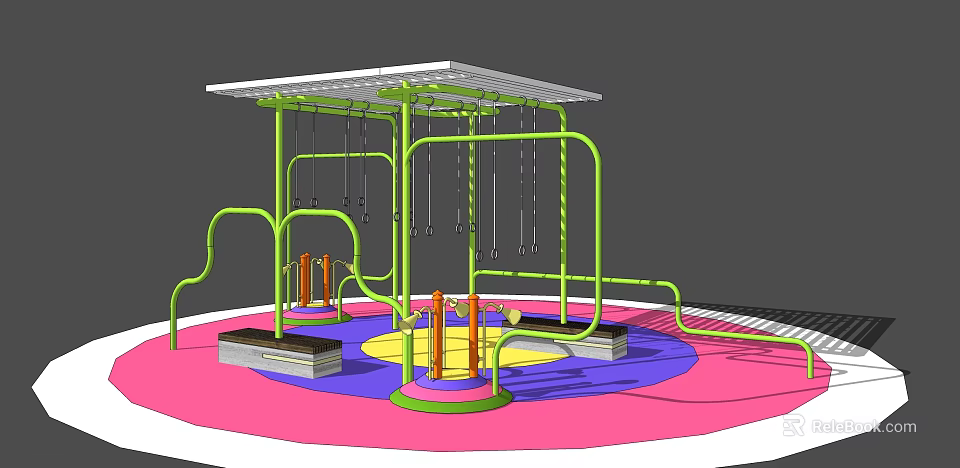 Colorful Playground Equipment With Green Frame Canopy Swings And Colored Ground 3d model 