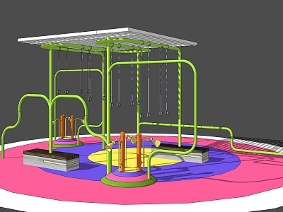 Colorful Playground Equipment With Green Frame Canopy Swings And Colored Ground 3d model