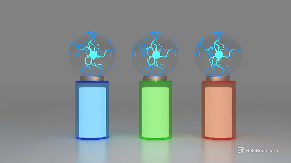 Display Shelves Showcasing Transparent Globe Ornaments With Blue Neural Patterns And Colored Bases 3d model 