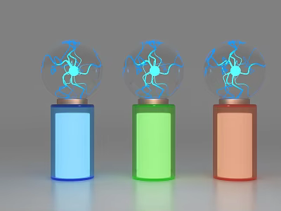 Display Shelves Showcasing Transparent Globe Ornaments With Blue Neural Patterns And Colored Bases 3d model