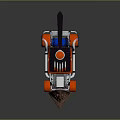 Red Lego Style Car Featuring Shovel Like Metal Structure Black Top Device Blue White Details