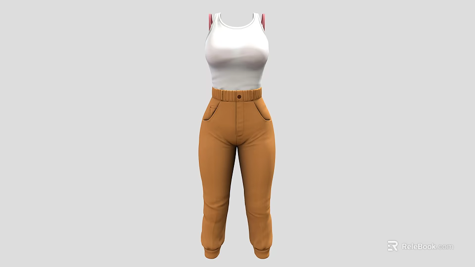 White Sleeveless Tank Top with Brown High Waist Pockets Tapered Pants Casual Outfit 3d model 