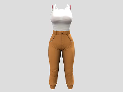 White Sleeveless Tank Top with Brown High Waist Pockets Tapered Pants Casual Outfit 3d model