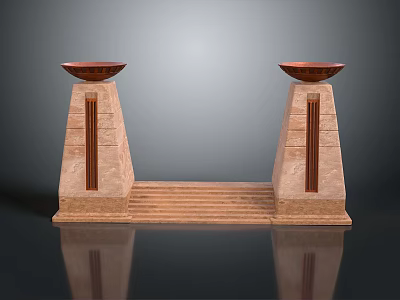 Symmetric Stone Architectural Structure With Copper Bowl Tops And Central Steps 3d model
