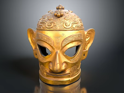 Intricate Golden Mask Sculpture With Detailed Carving Patterns And Decorative Top 3d model